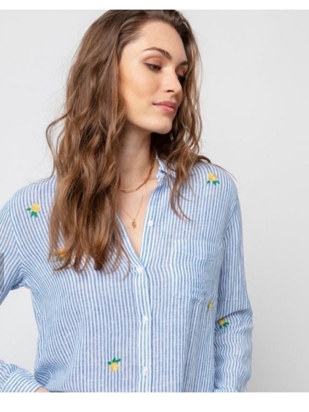 Rails L Charli Blue White Vertical Stripes Yellow Green Embroidered Roses Shirt - Picture 1 of 15